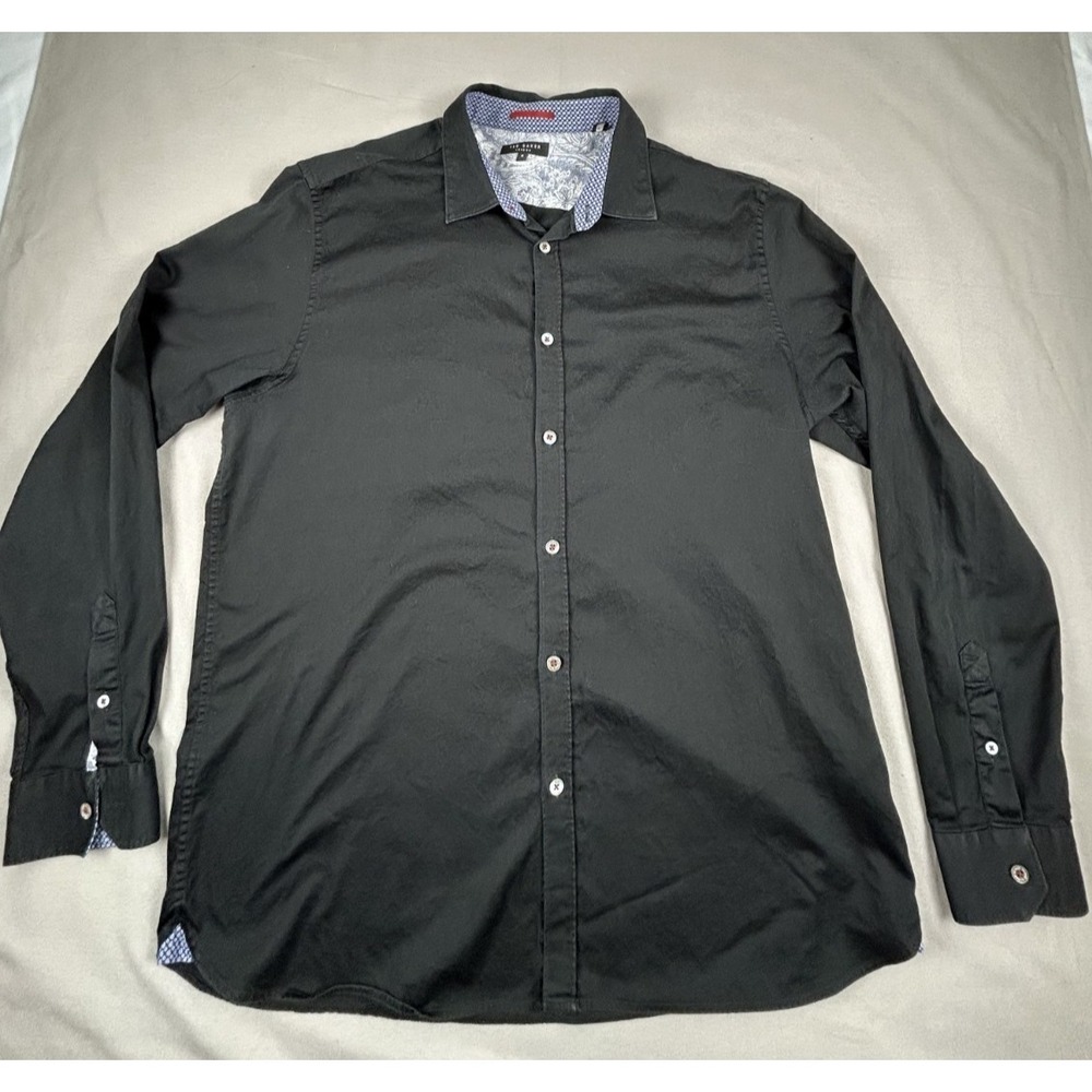 Ted Baker‎ London Black Button Up Shirt Mens XL (6) Point Collar Dress Casual
